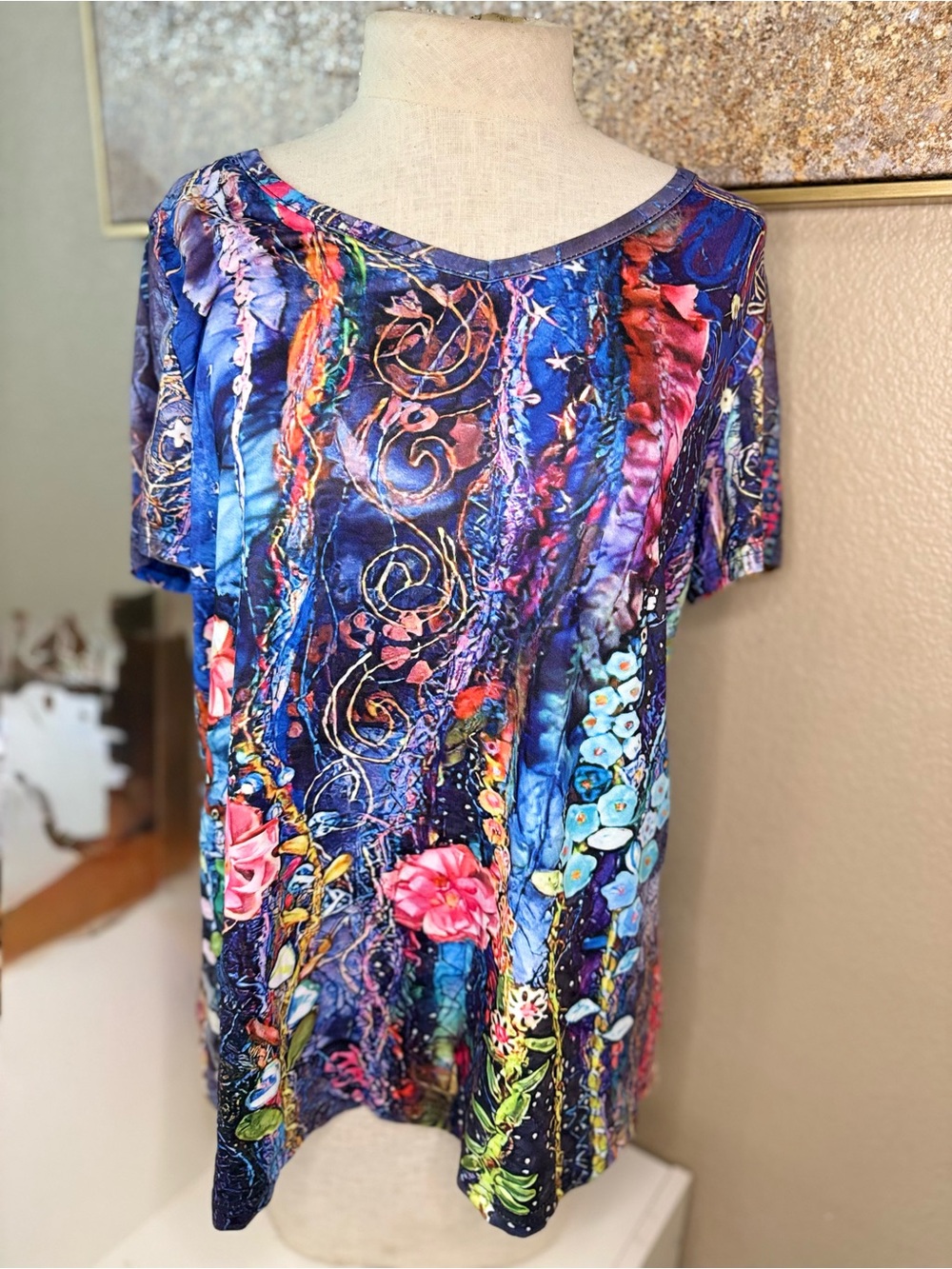 Colorful Floral Abstract Print Tunic Top | Women’s Short Sleeve Boho Blouse/ M